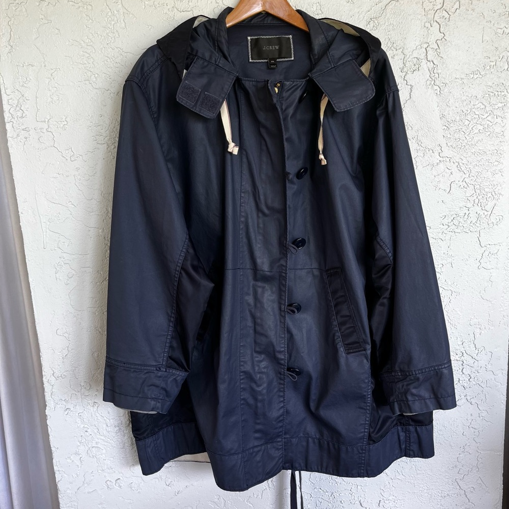 J Crew Navy Blue Resin Coated Cotton Twill Jacket Parka Rain Coat Womens XXL
